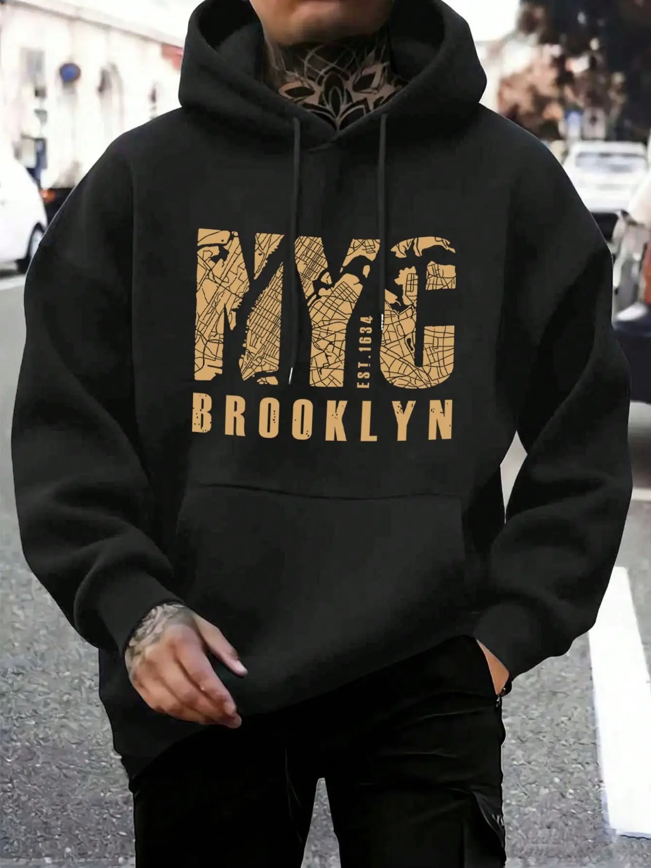 NYC Brooklyn EST.1634 Map Print Hoodie, 270G Brushed Fleece Drawstring Hooded Sweatshirt, Oversized Casual Streetwear Pullover, Soft Warm Top For Men Women All Seasons