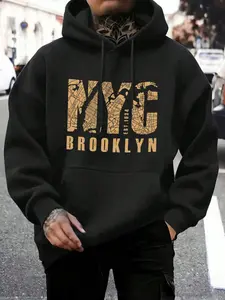 NYC Brooklyn EST.1634 Map Print Hoodie, 270G Brushed Fleece Drawstring Hooded Sweatshirt, Oversized Casual Streetwear Pullover, Soft Warm Top For Men Women All Seasons
