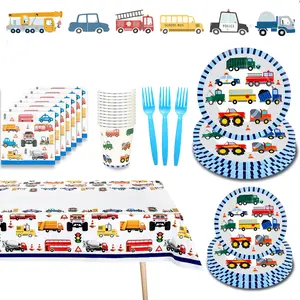 61/122pcs Traffic Jam Trucks Birthday Party Paper Plates, Napkins, Cups, Forks And Tablecloth, Perfect for Traffic Cars Trucks/Construction Theme Birthday Party Supplies