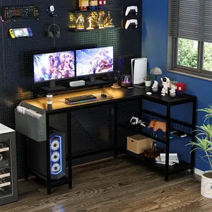 49" Reversible L Shaped Computer Desk with Power Outlet & LED Lights, Corner Gaming Workstation with Storage Shelves & Monitor Stand, Modern Home Office Study Desk