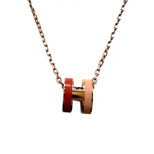 Pre-owned Hermes Mini Pop H Necklace Rose Gold Plated Chain/Pink H HMN08