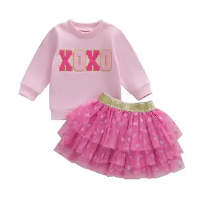 Canrulo Valentine's Day Outfit for Toddler Girls Long Sleeve Letter Embroidered Sweatshirt Tutu Skirt Set Spring Clothes