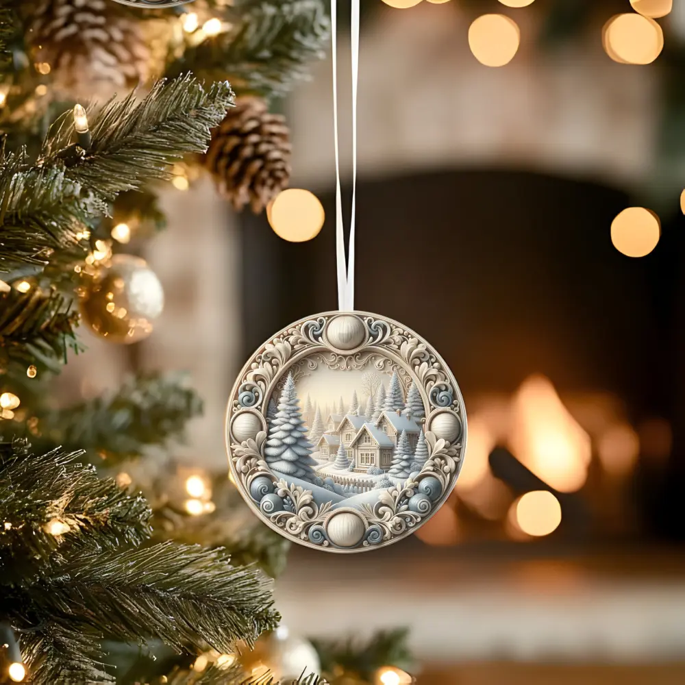 Christmas Winter Snow Ceramic Circle Ornament - Glossy Finish, Lightweight, Durable Design with Gold Hanging String - Perfect for Holiday Decoration, Festive Gift, Smooth