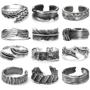 12Pcs Vintage Rings for Men Cool Adjustable Angel Wings Ring Goth Punk Open Ring Set