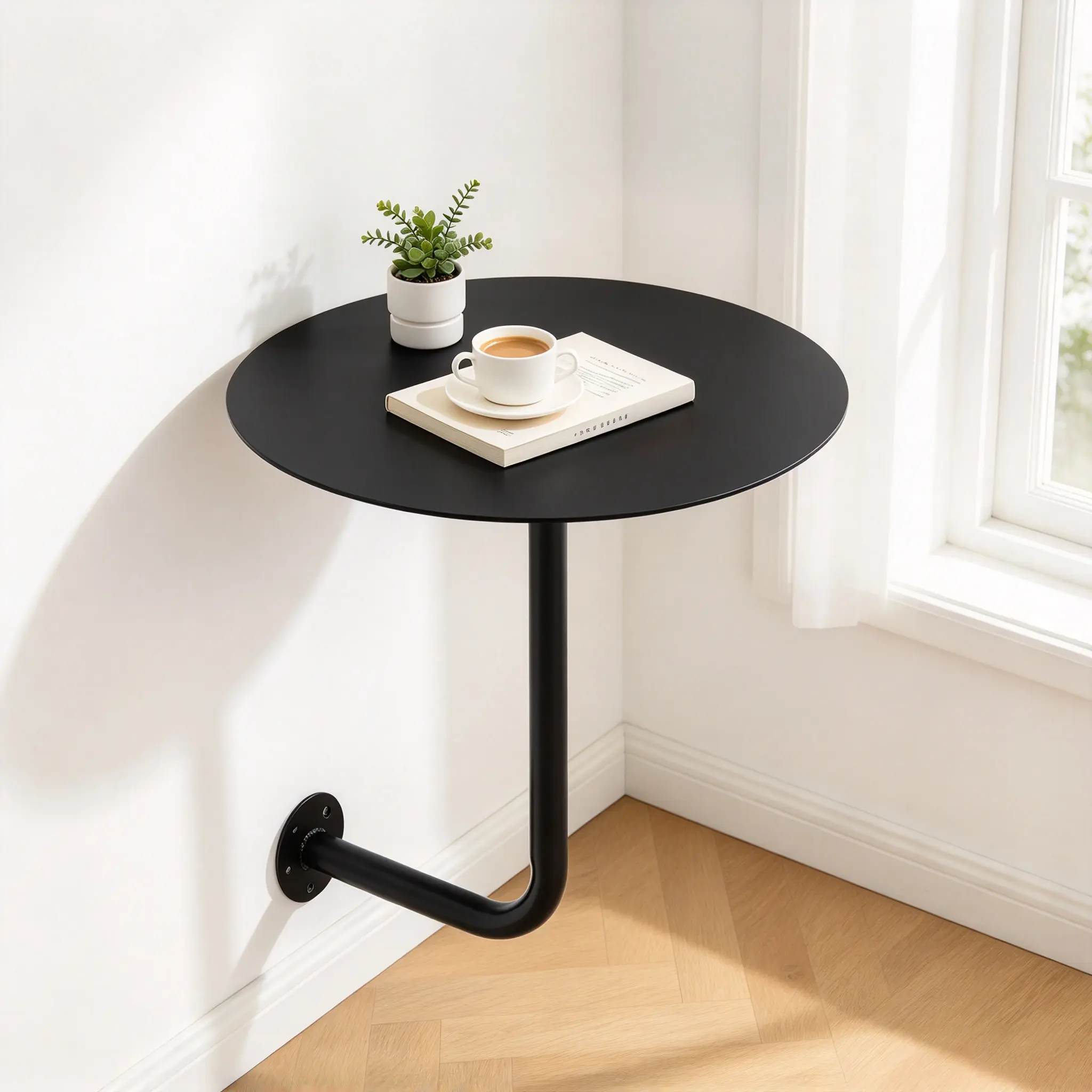 Black round iron wall-mounted table with a modern industrial design; high-temperature nano-baked finish that is wear-resistant and rustproof; supports heavy loads; ideal for home coffee and reading; storage table.
