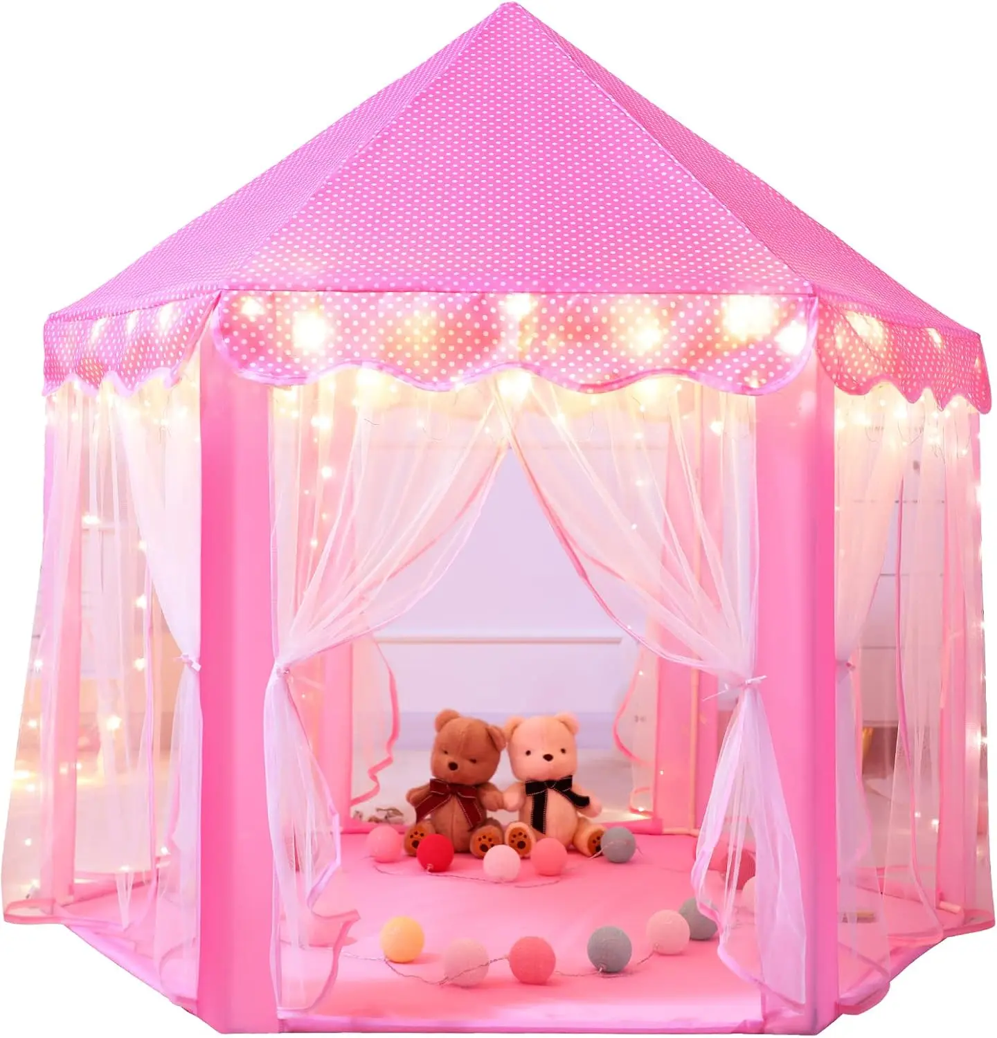 Kids Play Tent Castle for Girls – 55″ × 53″ Princess Castle Playhouse with Star Lights, Pink Indoor & Outdoor Foldable Play Tent for Imaginative Play