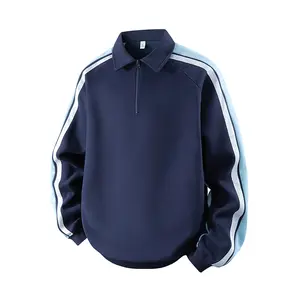 Men's heavyweight loose zipper polo collar vintage sweatshirt, simple casual crew neck sports shirt with contrast color design, made from high-quality breathable fabric, men's top large size S-5XL, suitable for autumn and winter wear