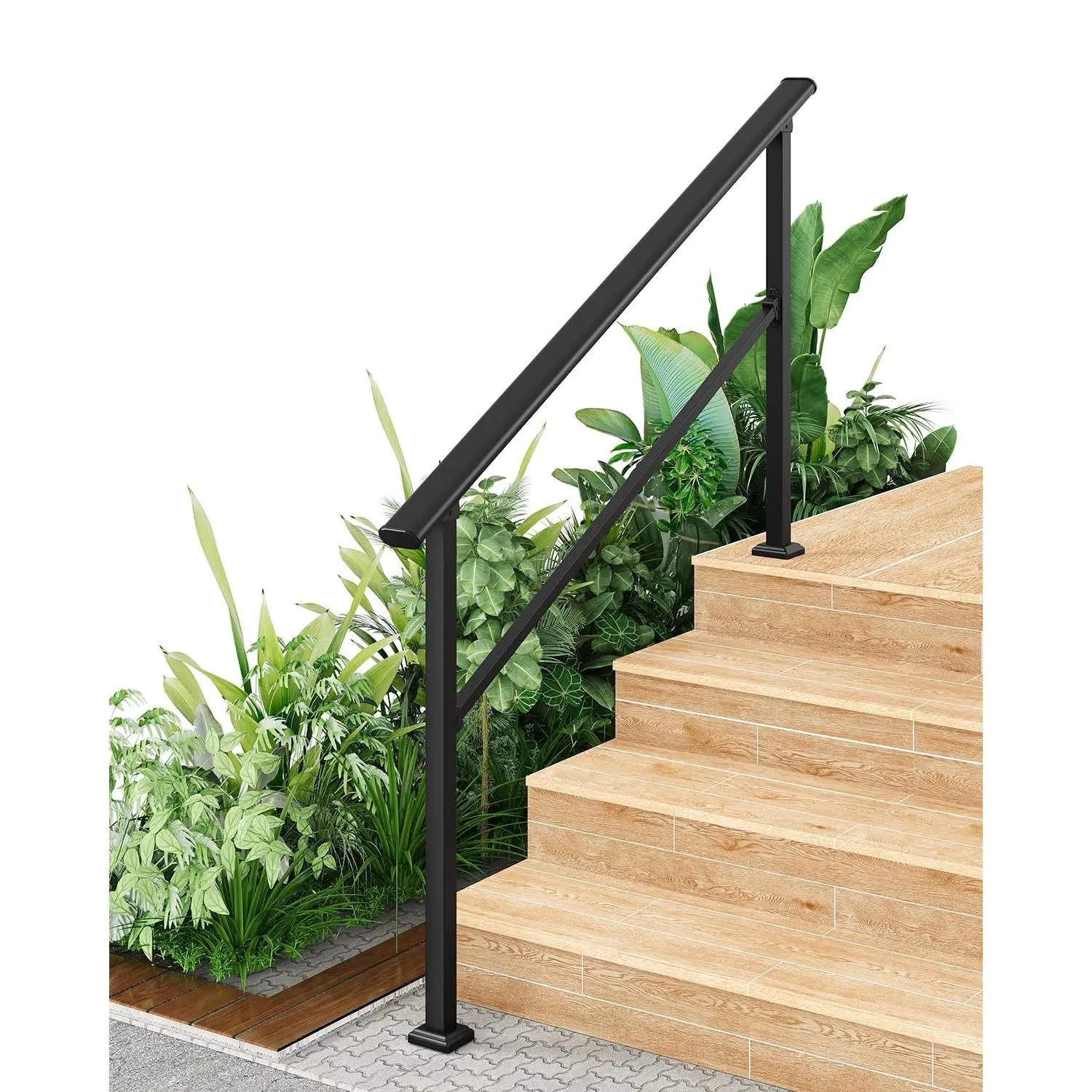 GARVEE Handrails for Outdoor Steps, 5 Step - Aluminum & Wrought Iron Stair Railing for 1 to 5 Steps, Adjustable Handrailing Kit, Hand Rails for Decks, Porches, and Concrete Steps, Black, 1 Pack