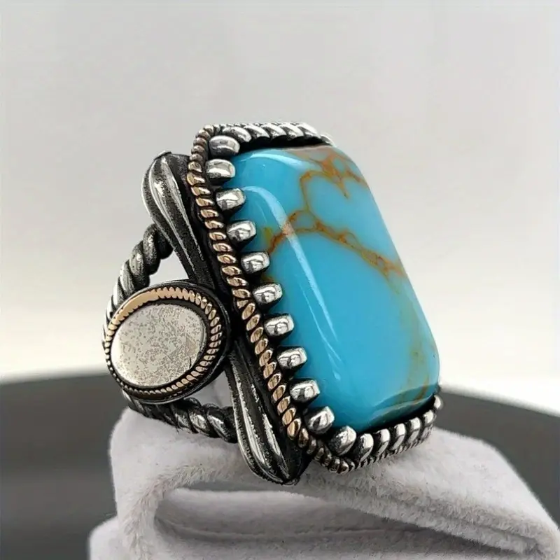 Vintage-Inspired Square Turquoise Faux Ring - Alternative Style, Blue Charm, Colorful Stone, Gemstone Studded Square Rings - For Daily Wear & Gifting, Colorful Stone Rings