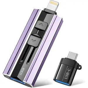 512GB Flash Drive Intended for  iPad Android and Computers, 4 in 1 Photo Stick for Phone Memory Storage Easily Backup Photos Videos, Plug and Play, No Application Required (Light Purple)