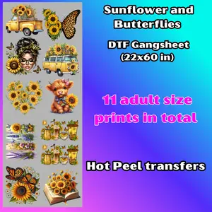 G8 Sunflower and Butterflies DTF transfers para PLAYERA/SHIRTS Hot Peel Gang Sheet