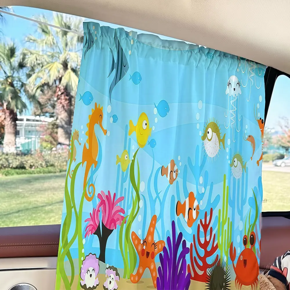 2D Flat Car Curtain with Underwater Theme Print, Suction Cup Sunshade, Sun Shade for Car Window, Adjustable Rope, Fits Most Cars, Ideal for Hot Weather and Travel, Car Sunshade Curtains
