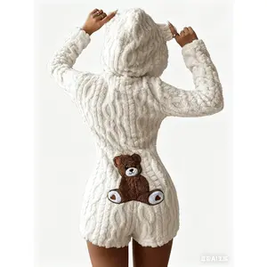 Women's Cute Teddy Bear Hooded Fleece Top, Fitted Comfy Hoodie, Perfect Gift for Her