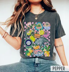 [SALE UP TO 50% + FREE SHIP] Comfort Colors Checkered Summer Patches Lemon Shirt  Maximalist Tropical Fruity Beach Lover Tee