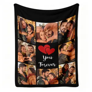 Custom Couple You Forever Flannel Throw Blanket, Personalized 8 Photo Heart Collage Pattern Soft Cozy Warm Nap Blanket for Couch Bedroom, Customized Romantic Anniversary Gift for Partner, Valentine's Day Christmas Birthday Present