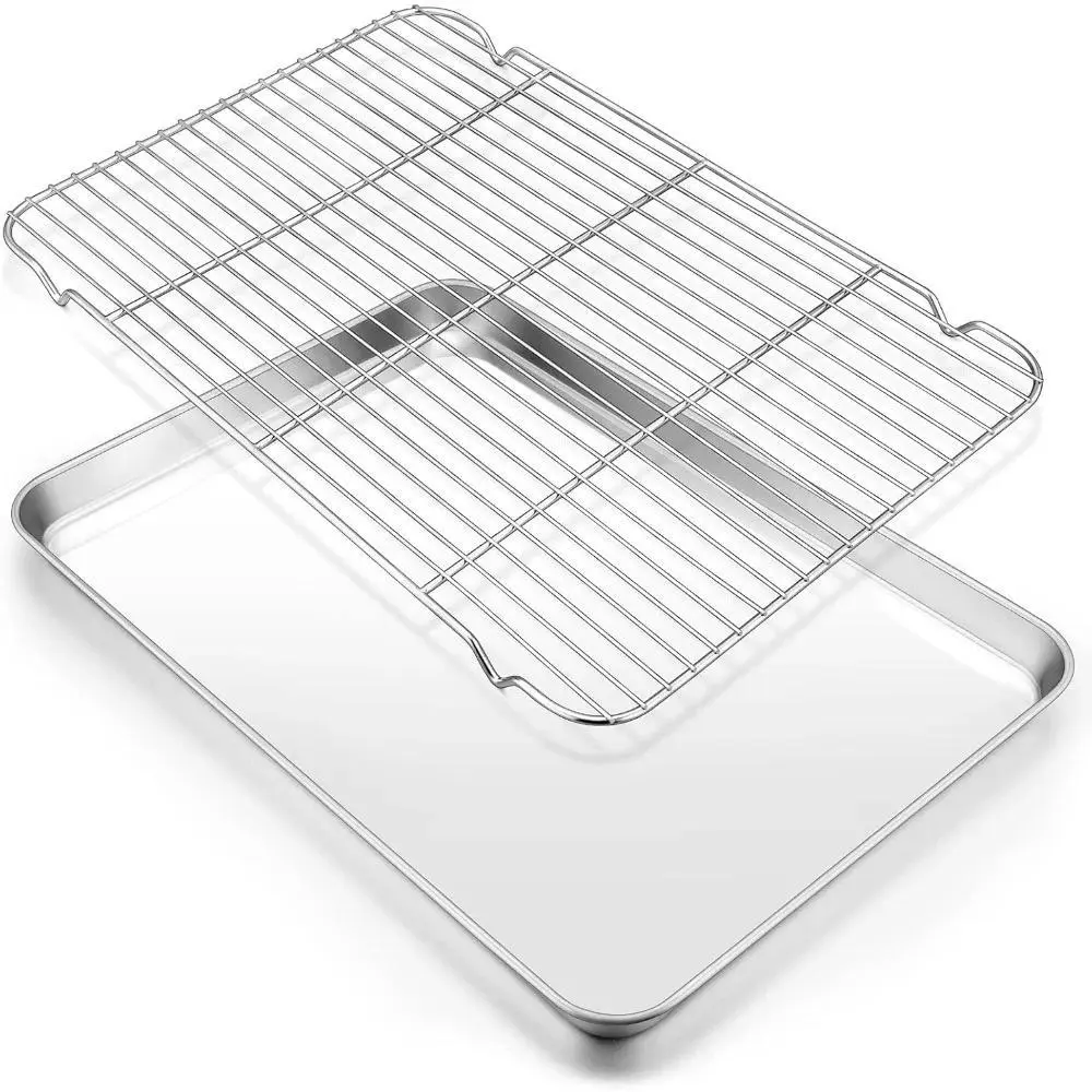 304 Stainless Steel Baking Tray Set with Rectangular Metal Cooling Rack, Baking Pan, Oven-Safe Grilling Tools for Kitchen, Outdoor Use