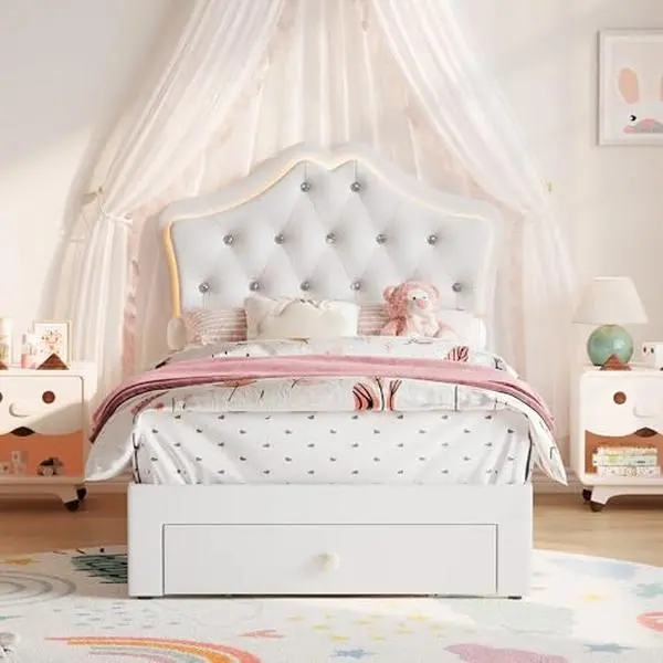 GARVEE Upholstered LED Bed Frame with Velvet Crystal Button Headboard, Princess Platform Bed for Boys/Girls with Storage Drawer, Easy Assembly, Noise-Free, No Box Spring Needed, Twin, White
