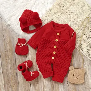 MIMIXIONG Baby Romper Set with Matching Shoes Hat and Gloves in Red Knit Design for Infants