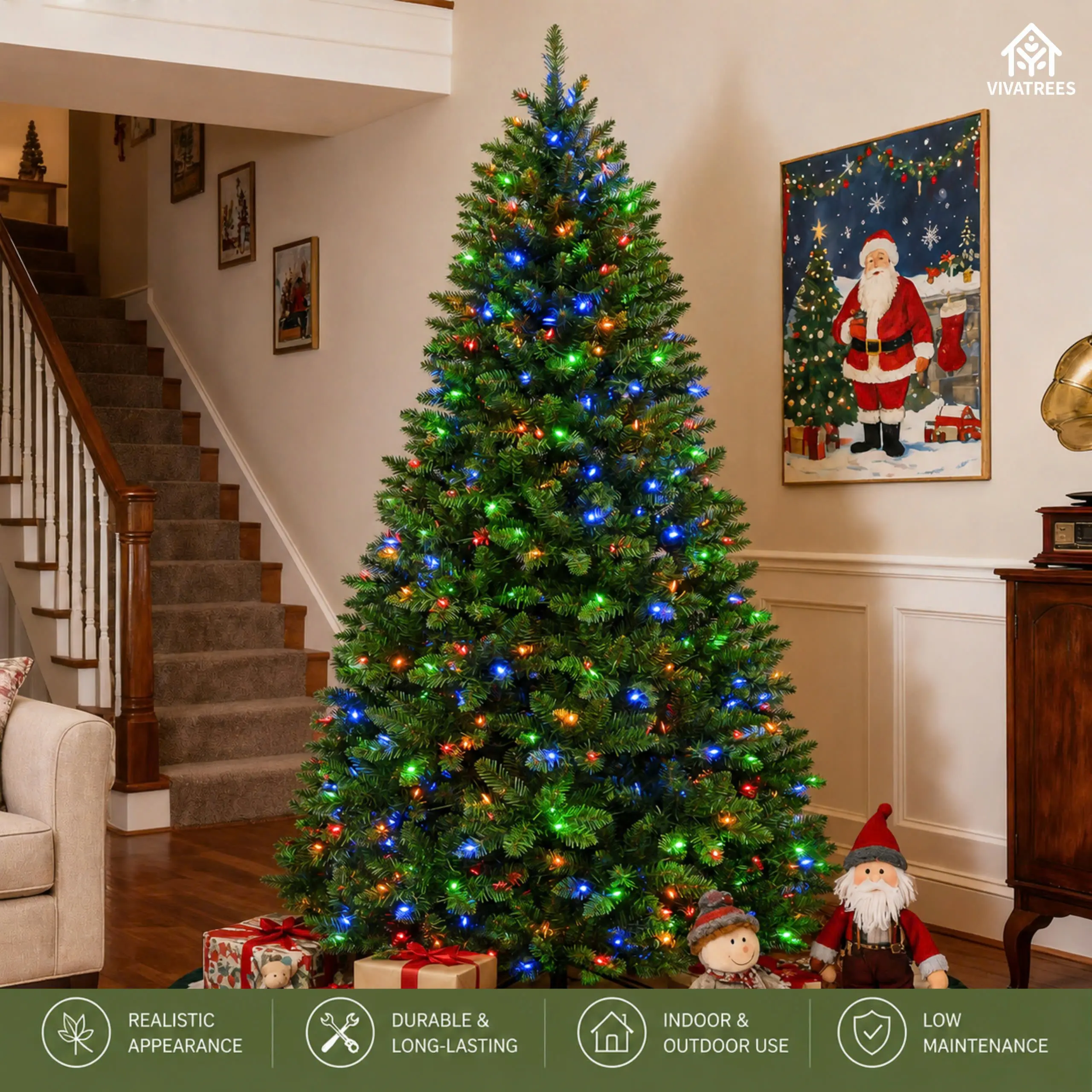 6FT 7.5FT Pre-Lit Flocked Pine Classic Christmas Tree Warm White Color-Changing LED Lights Hinged Branches Pine Needles Metal Stand for Home Office Xmas Holiday Decor