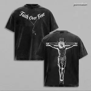 Faith Over Fear T-Shirt Washed Christian Graphic Tee Oversized Cotton Streetwear Summer Clothing Gymwear Faith-Based Shirt Aesthetic Menswear Gift for Believers Bible Verse Church Outfit