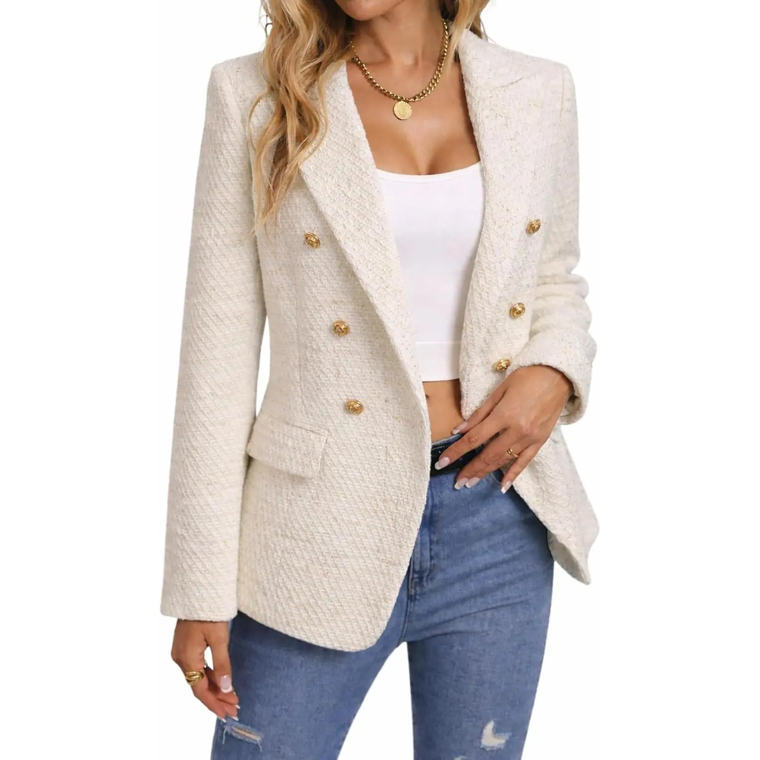 MINA SELF Women's Fashion Plaid Tweed Blazer, Elegant Double-Breasted with Long Sleeves, Padded Shoulders and Pockets for Business Casual Office, Fitted, Fashion Apparel, Preppy Style, Affordable Fashion