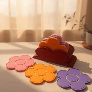Floral Coaster Set, 3D Printed Flower Coasters, Retro Daisy Coaster Holder, Housewarming Gift, Colorful Drink Coasters, Unique Home Decor