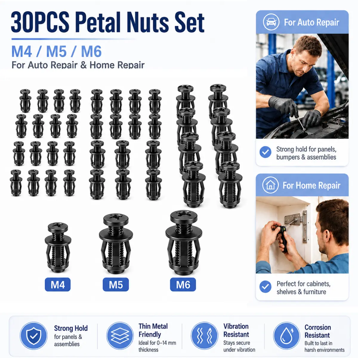 Heavy-Duty Carbon Steel Button Rivet Locking Nuts Assorted Sets (35Pcs/90Pcs, M4-M8 Sizes) - Anti-Loosening, Rustproof, Bolt-Compatible, Quick Install Automotive & Furniture Hardware for Panel Fixing
