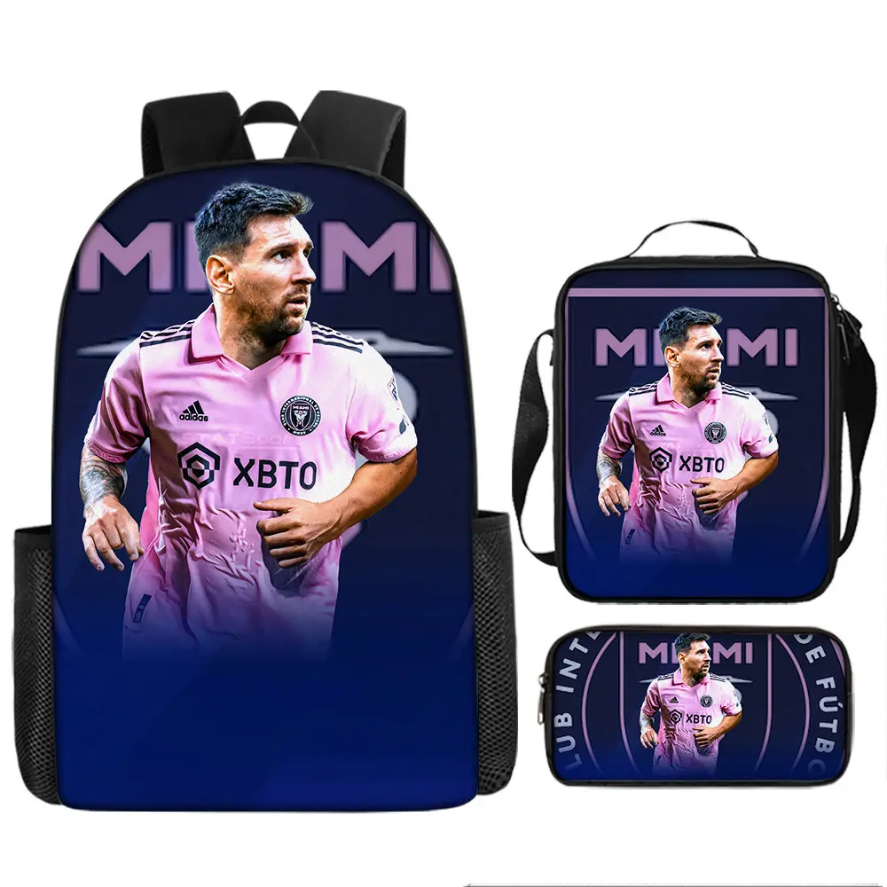 Messi Backpack Set, 3 Piece Backpack Set With Lunch Box Pen Box , High Capacity Bookbag Lunch Bag Pencil Case Workplace Travel