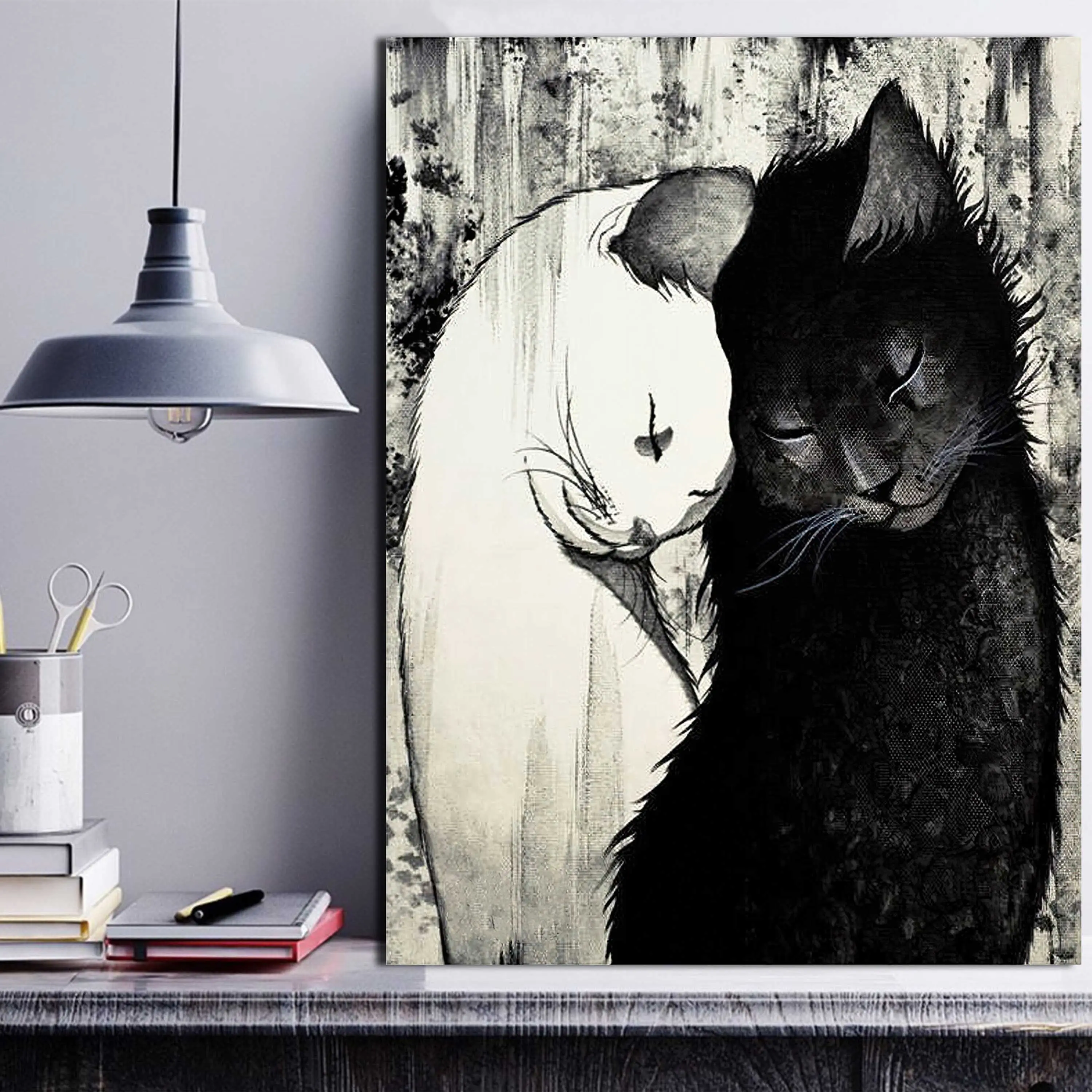 1pc Canvas Canvas, White Cat And Black Cat Painting, Canvas Wall Art, Artwork Wall Painting For Gift, Bedroom, Office, Living Room, Cafe, Bar, Wall Decor, Home And Dormitory Decoration-Wrapped Canvas
