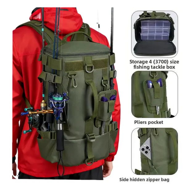 Freshwater Fishing Tackle Backpack, Military Green Tactical Pack with Pole Holder, Multi‑Compartment Storage for Lure & Bait, Waterproof Gear Bag for Outdoor Sports Camping