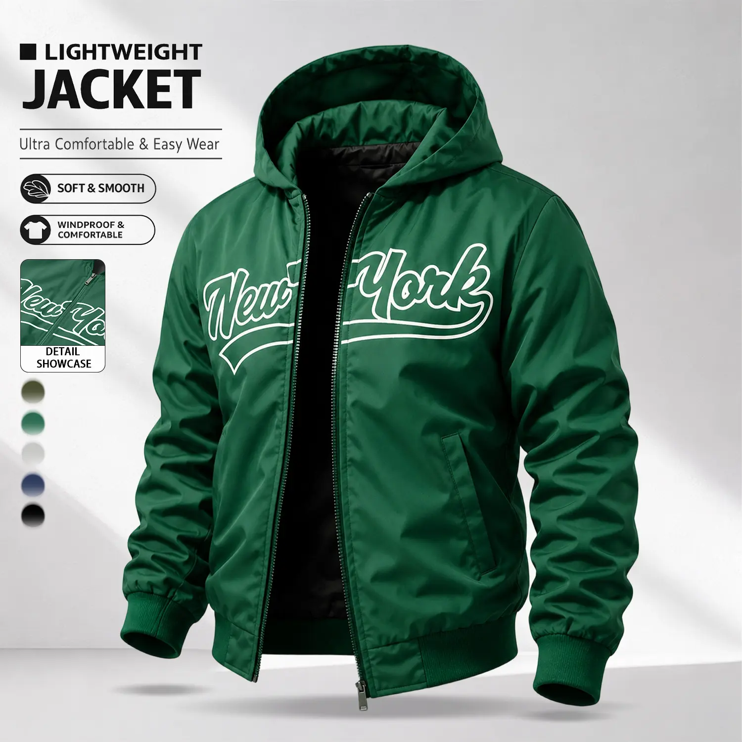 Men’s New York American Retro Hooded Baseball Jacket | Green streetwear windproof lightweight jacket for everyday commuting and sports/casual wear