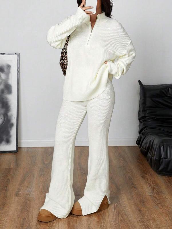 Fall/Winter Women's Casual Cute 2 Pieces Sets Streetwear Y2K Clothes Solid Color Half-Zip Ribbed Knitted Sweater Loungewear Top Pullover Long Sleeves Knitted Pants Cozy Homecoming All White Fall Winter Outfits Clothes For Women Loune Matching Set Country
