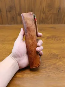 1PC Vintage Leather Wallet Pouch, Handmade Distressed Retro Pen Case, Student Stationery Organizer, Cowhide Artistic Youth Fountain Pen Holder