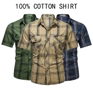 Men’s 100% Cotton Vintage Plaid Short-Sleeve Oxford Shirt - Soft, Breathable, Skin-Friendly Workwear, Turn-Down Collar, Double Chest Pockets, Cargo-Inspired Design, Suitable for Commuting & Casual Menswear