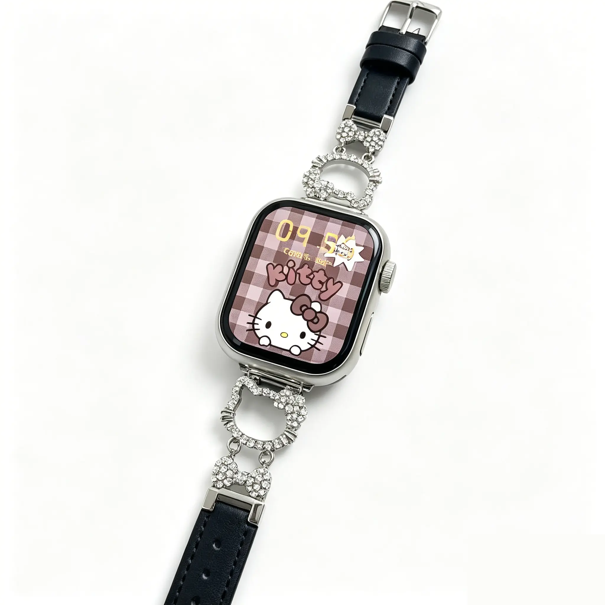Sanrio Hello Kitty Black Metal & Leather Mix Openwork iPhone Watch Band Stylish & Versatile Accessory for Daily Use or Special Occasions