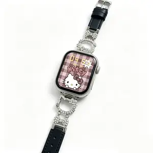 Sanrio Hello Kitty Black Metal & Leather Mix Openwork iPhone Watch Band Stylish & Versatile Accessory for Daily Use or Special Occasions