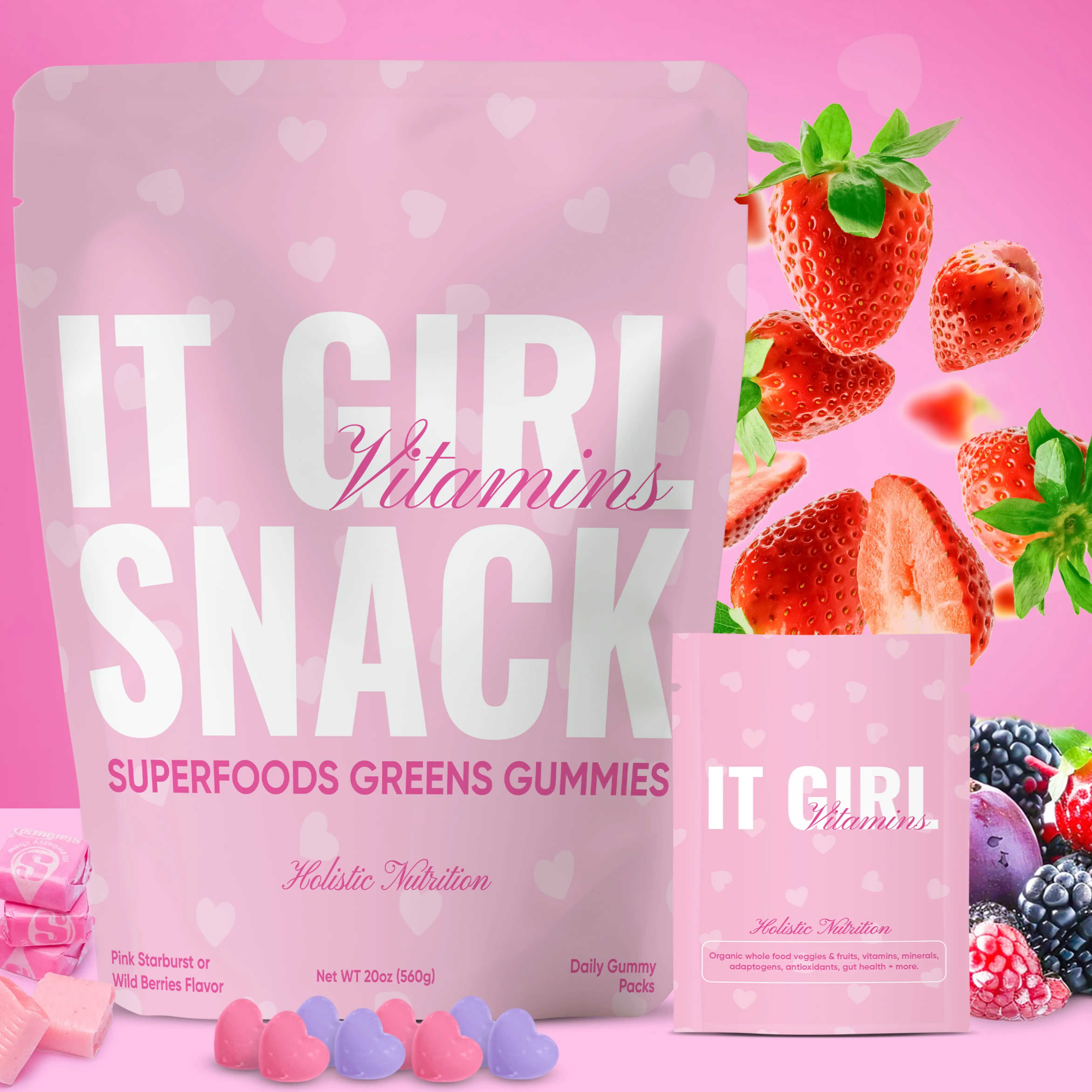 IT GIRL SNACK - Pink Starburst Flavor Daily Super Greens Gummies, Superfood Frui...