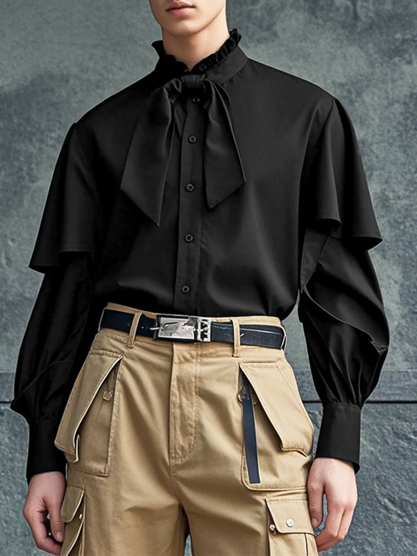 INCERUN Men's Fashion Casual Menswear Deconstructed Solid Long Sleeve Shirt, Bow Tie Stand Collar Wooden Trim Design, Daily Wear Top, Casual Style