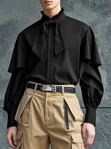 INCERUN Men's Fashion Deconstructed Solid Long Sleeve Shirt, Bow Tie Stand Collar Wooden Trim Design, Daily Wear Top, Casual Style