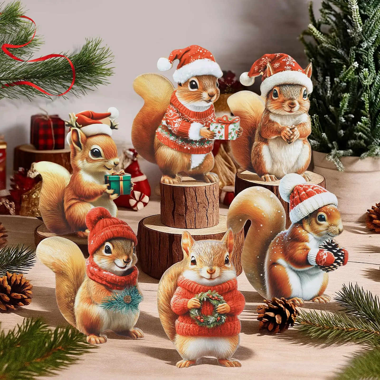 6-Piece Christmas Wooden Squirrel Table Decorations Set - Animal Statues, Country Dining Table Centerpiece, Tiered Tray Decor, Indoor Fireplace Ornament, Forest Theme Gift