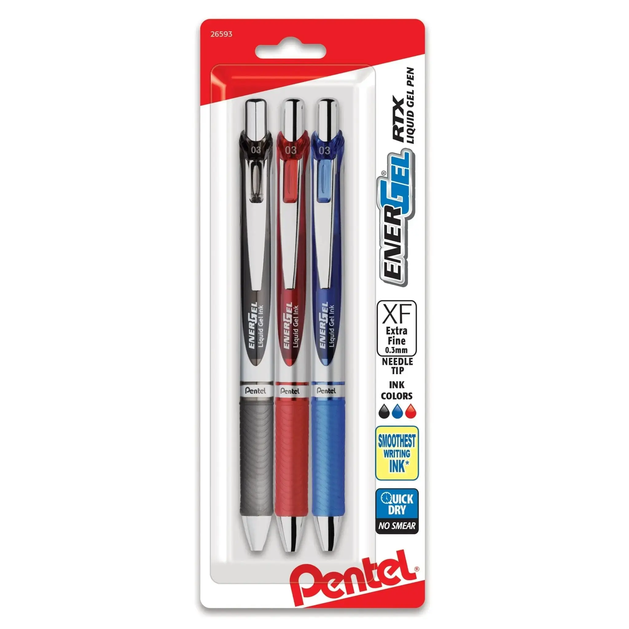 Pentel EnerGel RTX Retractable Liquid Gel Pen Set - 0.3mm to 0.7mm Tip Sizes, Assorted Ink, 3-Pack, Quick Dry, Smooth Writing Office Stationery Gel Pen Set, Quick Dry Pens
