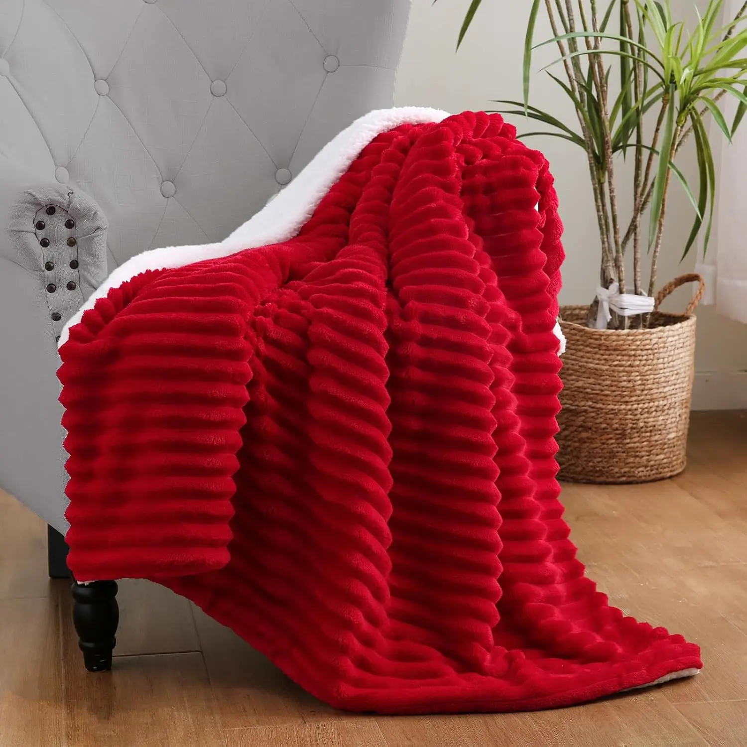 Red Sherpa Fleece Throw Blanket 6080 for Couch Sofa Bed,Double Side Soft Fuzzy Cozy Plush Thick Flannel Blanket with Striped Design, for Adults,Woman,Girls