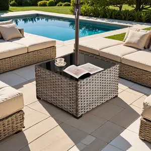 CAODOC Umbrella Side Table - Outdoor Patio Table with Umbrella Hole for Porch/Patio | Durable Rattan & Easy Assembly | Modern Coffee, Picnic or Poolside Table