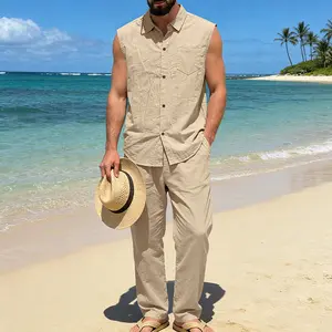Men's 2-Piece Plain Crinkled Linen Set, Relaxed Fit Sleeveless Shirt and Straight Pants, Soft Breathable Natural Fabric for Summer Beach Wear