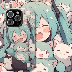 Hatsune Miku Cat Anime Tough Phone Case, Cute Kawaii Vocaloid Manga Art Cover, Chibi Blue Hair Character Protective Case for iPhone 15 16 17 Series