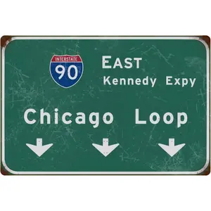 Metal Sign Vintage East Chicago Loop Interstate 90 Directions Bar Club Home Garage Wall Decor Street Sign Sign Cafe Airport Background Wall Decor Gift 8x12 Inch Tin Minimalist Decorative