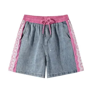 Rhinestone Denim Shorts Y2K Streetwear Lace Patchwork Elastic Waist Summer Shorts