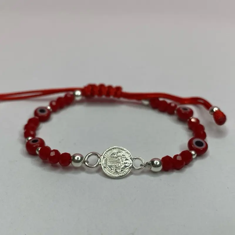 Unisex Kids 925 Sterling Silver Protective Bracelet - Handmade Red String, Double-Sided St. Benedict Medal, Evil Eye Beads, Lightweight Adjustable, 5 Styles Available, for Everyday Wear
