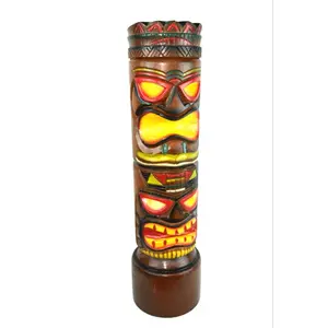 Hand Carved Two Face Tiki Totem Pole Statue 28" Tall