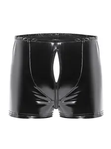 Men's Sexy Shiny Leather Briefs, PU Leather Thong Underwear, Pouch Pocket Shorts, Stylish and Comfortable Menswear